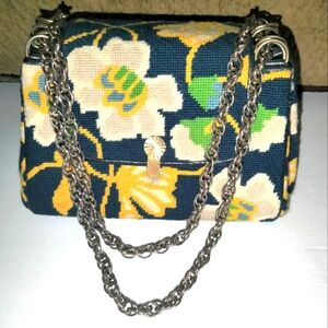 Vintage Floral Print Knit Material Double Chain Shoulder Bag
